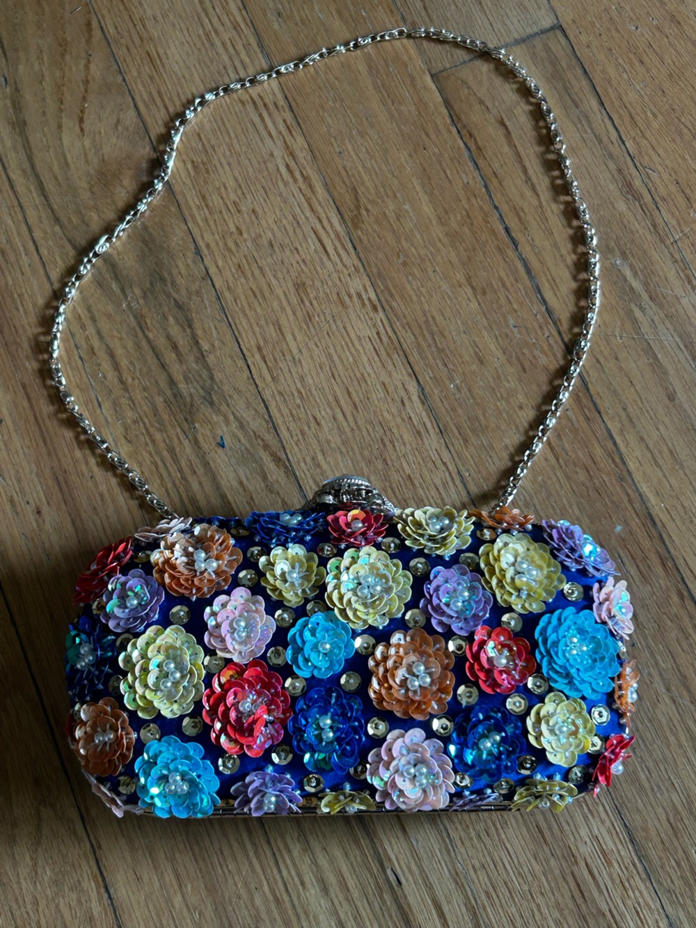 Kate Landry Royal Blue 3D Floral Sequin Jeweled Clutch Evening Bag